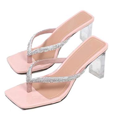 Imagem de GATUXUS Sandália feminina sexy transparente salto alto grosso sandália bico quadrado chinelos confortáveis mule sandálias, rosa, 7.5