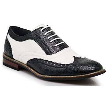 Imagem de Sapato social masculino de dois tons Oxfords com pontas de asas e cadarço perfurado da Wood8, Black/White 03, 8.5