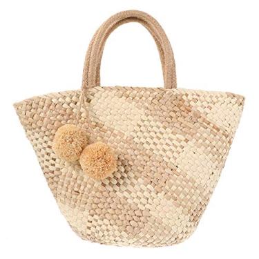 Imagem de Tendycoco Bolsa de tecelagem portátil feminina, bolsa de ombro, bolsa de compras, bolsa de viagem criativa, Bege, 40X37CM