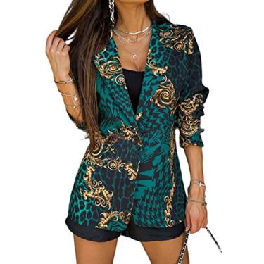 Imagem de Jaqueta feminina slim fit, jaqueta blazer casual de manga comprida com frente aberta impressão digital para festa, verde, G (busto: 98 cm)