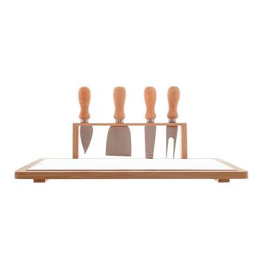Imagem de Conjunto Bandeja de Bambu e Cerâmica com 4 pçs para Queijo de Aço Inox com Cabo de Bambu 33x26,5cm 7147 - Lyor