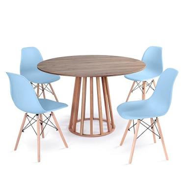Imagem de Conjunto Mesa de Jantar Redonda Talia Amadeirada Natural 120cm com 4 Cadeiras Eames Eiffel - Azul Claro
