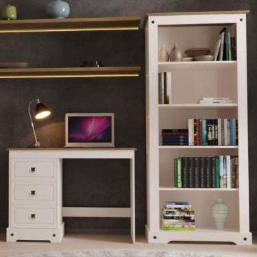 Imagem de Escrivaninha 3 Gavetas com Tampo em Madeira Maciça e Estante Alta 182x81cm Smile Creme/Carvalho