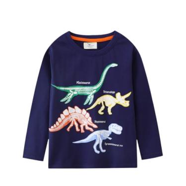 Imagem de Yueary Moletom infantil com estampa de dinossauro para bebês meninos e meninas que brilham no escuro, manga comprida, gola redonda, camiseta de desenho animado, Azul-marinho, 2-3T