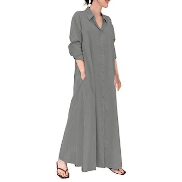 Imagem de Vestido feminino casual de botão e linho de algodão com bolsos, vestido de verão casual longo, Cinza, XXG