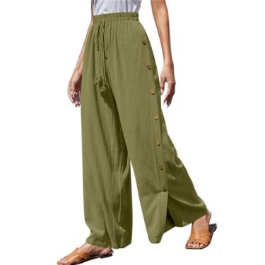 Imagem de Calça cargo feminina cor sólida cintura elástica com cadarço solto perna larga calça casual calça de moletom de perna reta com botão lateral calça de pára-quedas (Verde, 3G)
