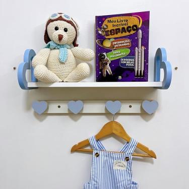 Imagem de Prateleira coração colorida e cabideiro quarto infantil 45cm Cor:Azul