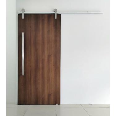 Imagem de Porta De Madeira + Kit De Correr 2m + Puxador Flat 1m Polido Cor:Imbuia