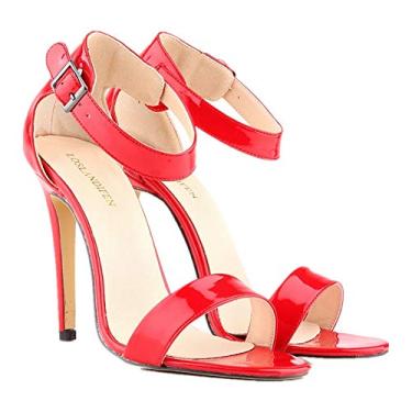 Imagem de YGJKLIS Sapatos femininos sexy de couro envernizado salto fino 11 cm stiletto tira no tornozelo salto sandália peep toe sapatos de casamento desempenho de salão sapatos de dança latina, Vermelho, 8