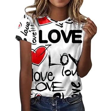 Imagem de Elogoog Camisas femininas para o dia dos namorados blusa sexy com contraste de cores plus size estampa de coração fofo amor tops de manga curta, F, M