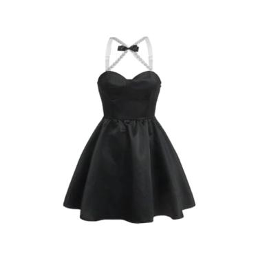 Imagem de Camisa Feminina Contrast Tape Bow Front Halter Neck Backless Dress (Color : Black, Size : X-Small)