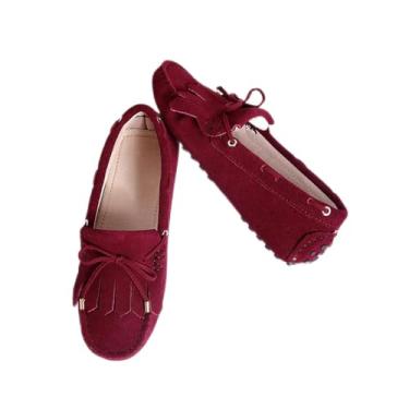 Imagem de Sapatos planos de mulher de couro genuíno sapatos planos casuais mocassins macios sem cordões senhora sapatos de condução, Vermelho vinho, 36 BR