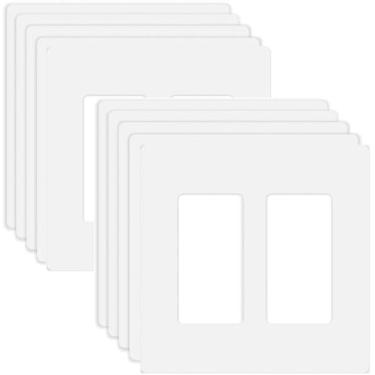Imagem de Placa de parede decora sem parafusos de 2 entradas para tomada de interruptor duplo placa frontal elétrica para interruptor de luz, interruptor inteligente, receptáculo, reguladores de luz, tomada USB, GFCI, placa de cobertura segura para crianças, branco (pacote com 10)