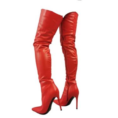 Imagem de Frankie Hsu Bota feminina sexy vermelha stiletto bico fino acima do joelho, moda clássica estilo alto da coxa, tamanho grande zíper lateral salto gatinho acima do joelho botas de cano alto para