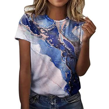 Imagem de Camiseta feminina estampada floral com gola O e estampa estética gráfica Pintura Blusa Esporte Casual Túnica Praia Tops de verão Camisola feminina feminina Cores Coloridas L11-Azul Large