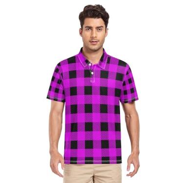 Imagem de JUNZAN Camisa polo masculina roxa preta xadrez creme creme manga curta masculina camiseta polo atlética treino P, Xadrez preto roxo creme, G
