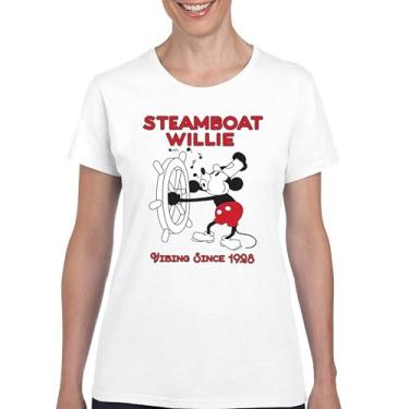 Imagem de Camiseta Steamboat Willie Vibing Since 1928 icônica retrô desenho animado mouse atemporal clássico vintage Vibe camiseta feminina, Branco, M