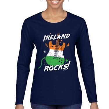 Imagem de Camiseta feminina manga longa com bandeira da guitarra do Dia de São Patrício Shamrock Groove Vibe Pub Celtic Rock and Roll cravo, Azul marinho, XXG