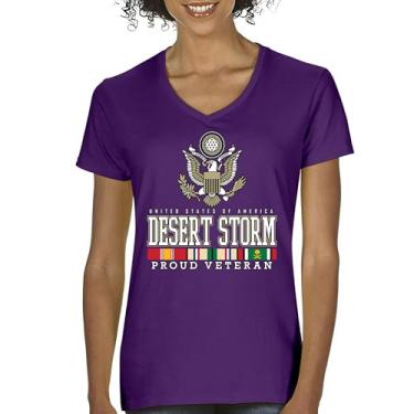 Imagem de Camiseta feminina Desert Storm Proud Veteran com decote em V American Army Gulf War Operation Served DD 214 Veterans Day Patriot Tee, Roxa, P