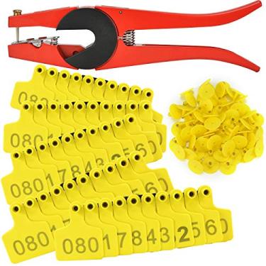 Imagem de 100 conjuntos de etiquetas de orelha de gado, brinco numerado de TPU de plástico para identificação de gado bovino e bezerro (amarelo) com 1 aplicador de alicate