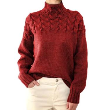 Imagem de Suéter feminino casual de malha de cor sólida pulôver de manga comprida suéter de gola rolê, Vermelho, G