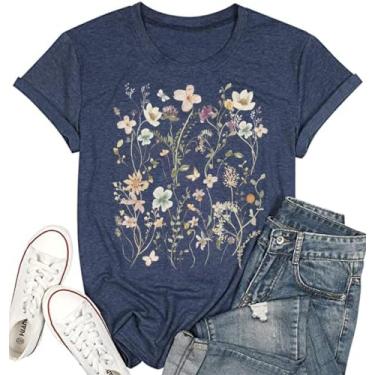 Imagem de Camiseta feminina vintage floral casual boho estampa floral girassol flores silvestres camisetas para meninas, Z - azul-marinho, XXG