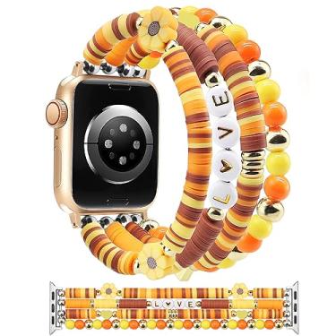 Imagem de JR.DM Pulseira com contas compatível com Apple Watch de 40 mm, 38 mm e 41 mm, para mulheres e meninas, design bonito de girassol amarelo, feito à mão com elástico para iWatch séries 9/8/7/SE/6/5/4/3/2/1
