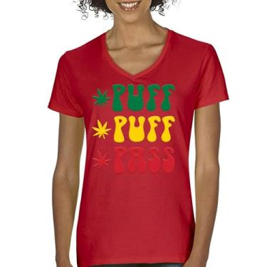 Imagem de Camiseta feminina Puff Puff Pass gola V 420 Weed Lover Pot Leaf Smoking Marijuana Legalize Cannabis Funny High Pothead Tee, Vermelho, XXG