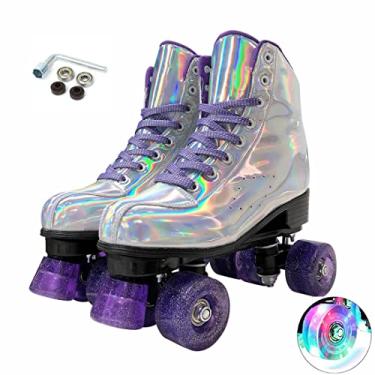 Imagem de Patins para mulheres, patins holográficos de couro PU de cano alto, patins de quatro rodas, fileira dupla, patins para mulheres, homens, meninos e meninas e 8 a 50 anos, ambientes internos e externos