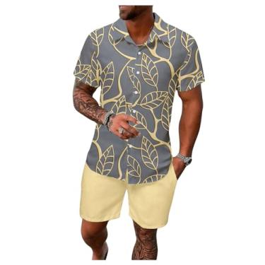 Imagem de RoseSeek Conjunto masculino de 2 peças, manga curta, camisa havaiana e shorts, conjunto de agasalhos de praia, Cinza e amarelo, GG
