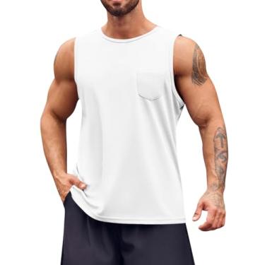 Imagem de Runcati Camiseta regata masculina sem mangas para ginástica atlética com bolsos, Branco, GG