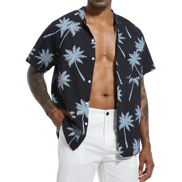 Imagem de SILKWORLD Camisa masculina casual de botão manga curta gola banda algodão linho camisa masculina Henley havaiana com bolso, 10a_azul-marinho coqueiro, XXG