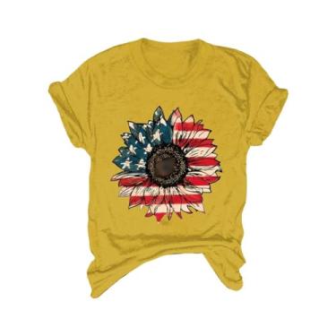 Imagem de Camiseta feminina de verão para o Dia da Independência, com estampa de girassol, gola redonda, túnica de manga curta, Amarelo, P