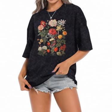 Imagem de Camiseta feminina vintage floral boho solta retrô flores silvestres gráfico jardim botânico amante tops, Preto, P