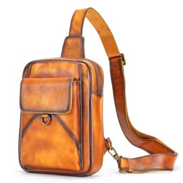 Imagem de NIUCUNZH Bolsa tiracolo de couro genuíno feita à mão vintage bolsa tiracolo de viagem para motocicleta mochila de ombro retrô bolsa de peito, Marrom, Small, Vintage