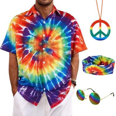 Imagem de Bombline Conjunto de 4 peças de fantasia hippie, camisa de botão tie dye masculina, faixa de cabeça de óculos de sol tie dye, colar de sinal da paz, roupas masculinas dos anos 70, 80, 90, grande,