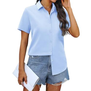 Imagem de siliteelon Camisas femininas de chiffon de botão de manga curta para mulheres, casuais, abotoadas, blusas, Azul, M
