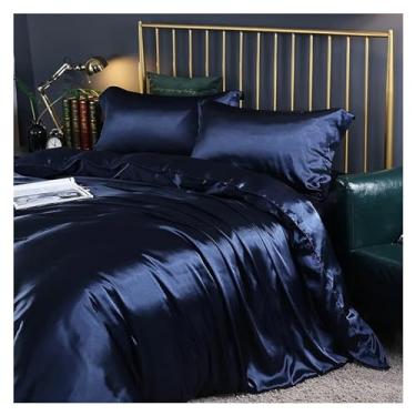 Imagem de Jogo de cama com capa de edredom de seda amoreira, lençol de cama de cetim luxuoso, cor sólida, King Queen, solteiro, lençóis de cama (C Queen Size 4 peças)