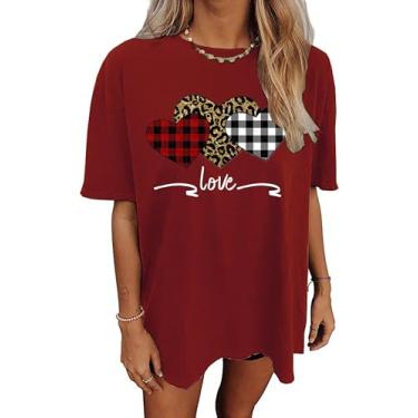 Imagem de Camiseta feminina grande para o Dia dos Namorados, xadrez, leopardo, búfalo, amiga, presente de amiga, camiseta com estampa de coração, Vermelho, G