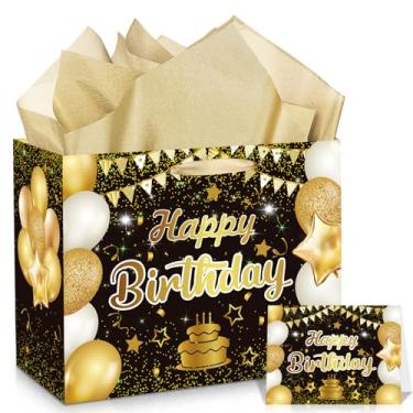 Imagem de Bolsa de presente de aniversário em ouro preto, grande, preta e dourada, com cartão e papel de seda dourado para mulheres, homens, lembrancinhas de festa de aniversário para crianças e adultos