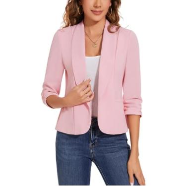 Imagem de MINTLIMIT Blazer feminino casual casual aberto na frente xaile lapela manga 3/4 franzido blazer trabalho escritório jaqueta leve com bolsos, rosa, G