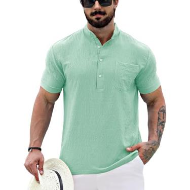 Imagem de URRU Camisa masculina casual Henley gola banda manga curta camisa verão praia hippie, Verde gelo, P