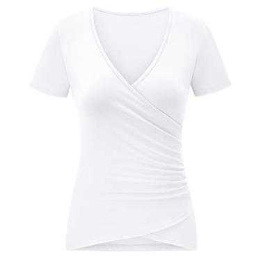 Imagem de Qzzater Camisetas femininas sexy com gola V profunda e manga curta franzidas cruzadas, Branco, P