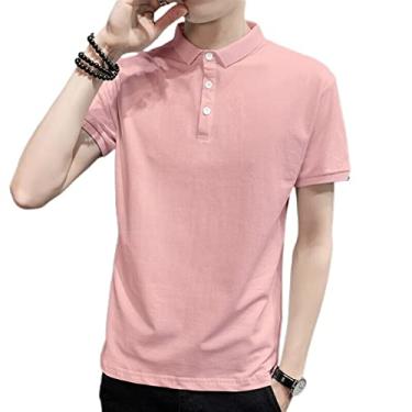 Imagem de Polos de desempenho masculino algodão cor sólida tênis camiseta regular ajuste manga curta leve atlético clássico (Color : Pink, Size : L)