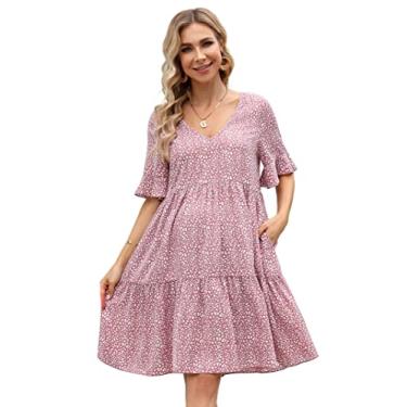 Imagem de FUNJULY Vestido de maternidade feminino, casual, Babydoll com babados, manga curta, gola V, estampa floral, mini vestido túnica curta, Oncinha rosa, P