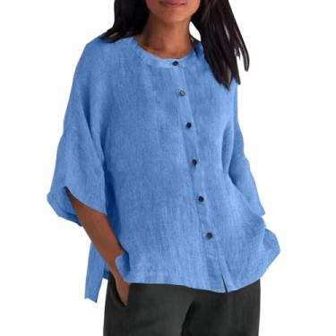 Imagem de Camiseta feminina de verão, de linho, cor sólida, gola redonda, botão, manga 3/4, caimento solto, túnica, Azul, P