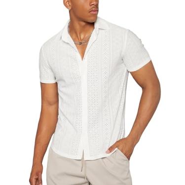 Imagem de Floerns Camisa masculina casual de malha Pointelle de manga curta com botões, Branco creme, XXG