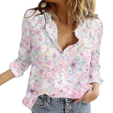 Imagem de Camiseta feminina com estampa floral, manga comprida, gola V, abotoada, caimento solto, casual, elegante, para férias, rosa, G