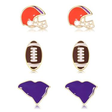 Imagem de 3 pares de brincos femininos de futebol americano para dia de jogo, capacete de futebol universitário, brincos esportivos para dia de corrida, roxo, azul, vermelho, acessórios para o dia do campo