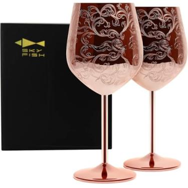 Imagem de Sky Fish Taças de vinho de aço inoxidável gravadas com revestimento de cobre, conjunto de 2 (500 ml) taças de vinho